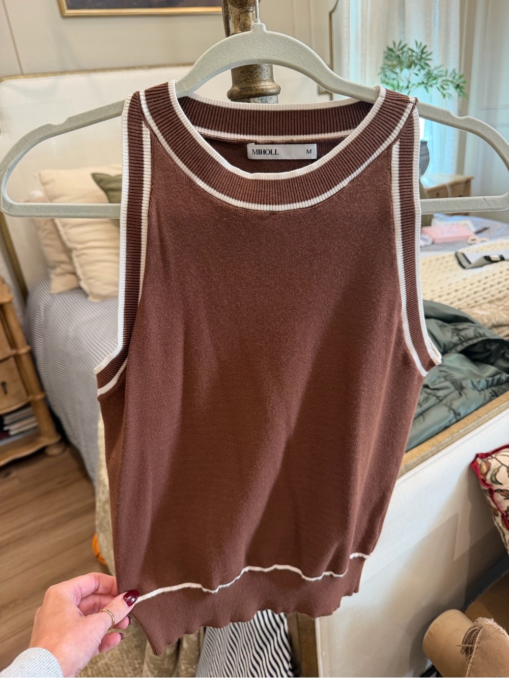 Amazon Brown Sweater Tank Top with White Trim - Sleeveless Knit